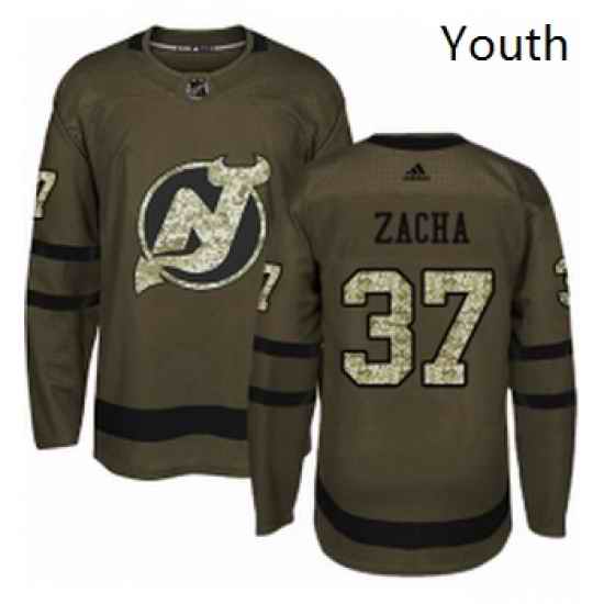 Youth Adidas New Jersey Devils 37 Pavel Zacha Authentic Green Salute to Service NHL Jersey